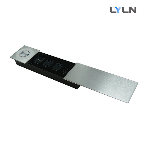 Brushed Aluminum Sliding Cover Desktop Socket With Wireless Charging Module